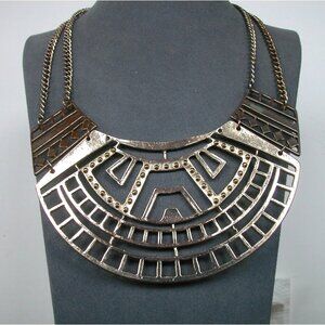 Gold Tone Statement Necklace With Geometric Cutout Design & Lobster Clasp Closur